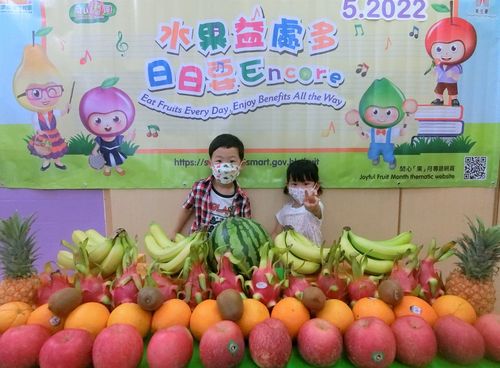 预幼班进行「我最喜爱的水果选举」，与选择的水果拍照
